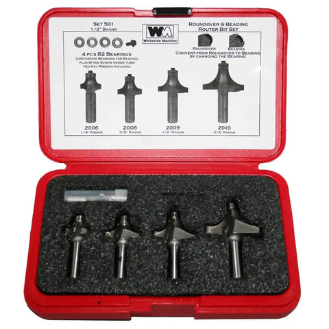 Top Shelf Roundover And Beading Router Bit Kit Featuring One Half Inch Shank Size For Fine Carpentry Work Includes four steel cutters in storage case.