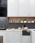 Five Pack Brushed Nickel Square Cabinet Knobs And Kitchen Drawer Pulls Hella Durable Rust Resistant Hardware For The Modern Farmhouse Bathroom Vanity Decor Set placed in a modern kitchen.
