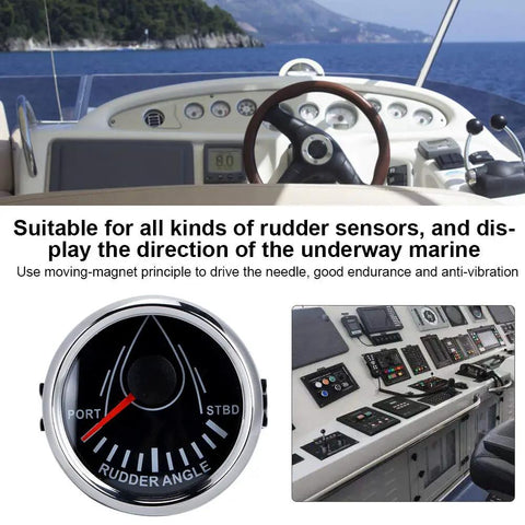 Universal Boat Rudder Angle Indicator With Beefy 0 to 190 Ohm Gauge Backlit Marine Display For Yachts And Boats IP67 Waterproof Rudder Sensor Pro Grade Performance 32V Systems Compatible, 52mm black gauge on yacht helm