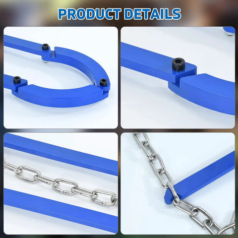Close-up of heavy duty fence repair tool parts showing blue metal components and chain links for barbed wire fencing projects.