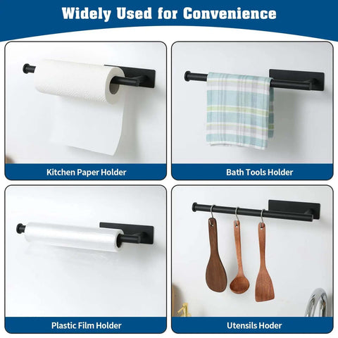 Under Cabinet Paper Towel Holder For Kitchen And Bathroom Wall Mounted Matte Black SUS304 Stainless Steel Roll Rack shown holding paper towel, towel, plastic wrap, utensils