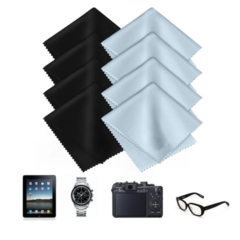 8-pack premium microfiber cleaning cloths, black and light blue, for glasses, screens, cameras and phones