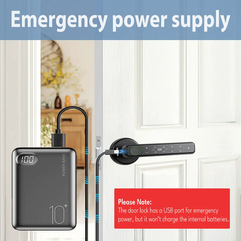 Smart Fingerprint Door Lock With Keyless Entry No Fuss And Multiple Unlock Methods Password Code Mechanical Key IC Card Auto Lock For Apartment Office Or Bedroom Black showing power bank emergency power supply