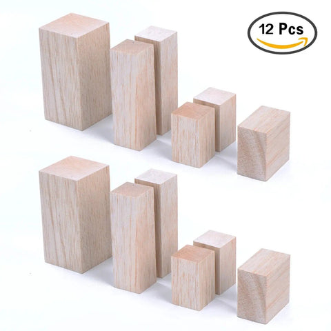 12 Pcs Balsa Wood Blocks For Carving Kit With 4 Sizes For Whittling And Craft Projects Unfinished Wood Blocks Made For DIY Folks Beginners And Pros Alike 2x1x1 4x1x1 4x2x2 2x2x1 Inches displayed on a white background with two sets of blocks in various sizes and dimensions.