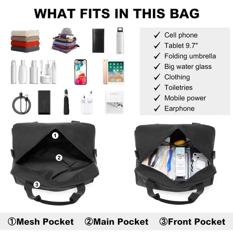 Underseat Carry On Duffle Bag 20L For Plane Travel, Gym, And Weekend Getaway showing pockets and items that fit inside
