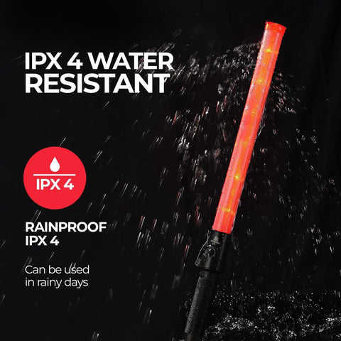 Close-up of Two Pack 21 Inch LED Traffic Wands with Dual Flash Modes, highlighting IPX4 water resistance in rain.