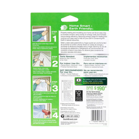 Back of packaging showing installation steps for Indoor Three Window Shrink Film Insulator Kit With Crystal Clear Film 62 By 126 Inches