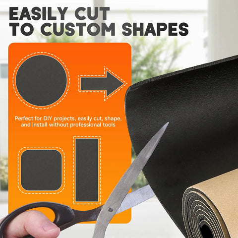 Premium Neoprene Foam Rubber Sheet With Adhesive Backing cut to custom shapes for DIY projects, 1/8 inch thick with scissors.