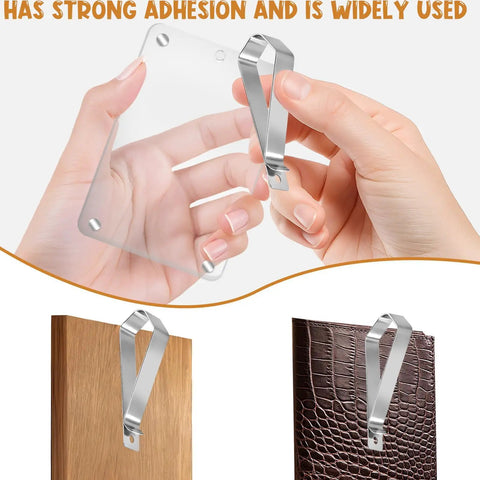 Stainless Steel Car Sun Visor Photo Frames Clips Set shown on a transparent sheet and a wooden surface, highlighting strong hold.