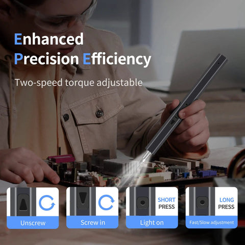 Person using 150 In 1 Electric Screwdriver Set With 120 Magnetic Bits And 30 Accessories on electronic circuit board.