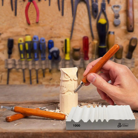 Wood Carving Sharpener 1000 Grit Whetstone With Extra Grooves For Chisels And Gouges in a woodworking workshop.