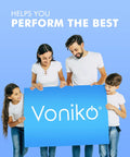 Family of four smiling while holding a large blue sign with the text "Voniko" in front of a light blue background.