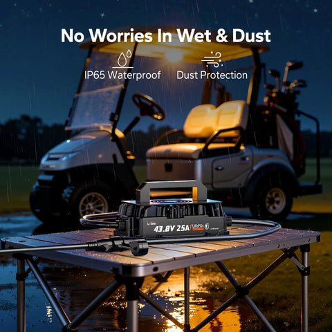36V 25A LiFePO4 Charger With 38.4V Ready Output, IP65 Waterproof Beast Build, on table, golf cart in background, wet conditions