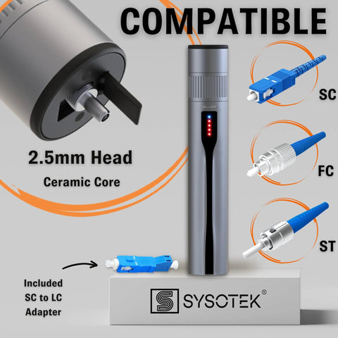 Sysotek Visual Fault Locator fiber optic VFL pen with retractable head; shows SC, FC, ST tips and SC to LC adapter