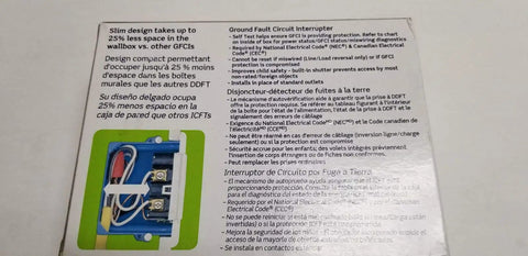 Packaging of GFCI Tamper-Resistant Receptacle With Self-Test And LED Indicator, Slim 15-Amp Outlet with wiring illustration.
