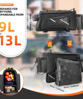 13L Expandable Bike Rack Bag With Rain Cover Rear Trunk Pannier For E Bikes And City Rides showing dimensions and compartments