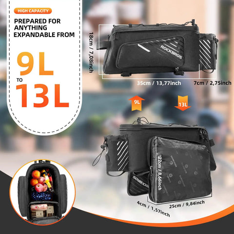 13L Expandable Bike Rack Bag With Rain Cover Rear Trunk Pannier For E Bikes And City Rides showing dimensions and compartments