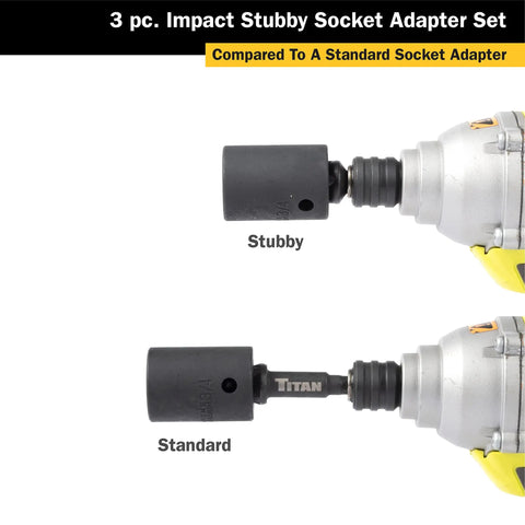 Comparison of three piece stubby impact socket adapter and extension kit with standard adapter on impact driver