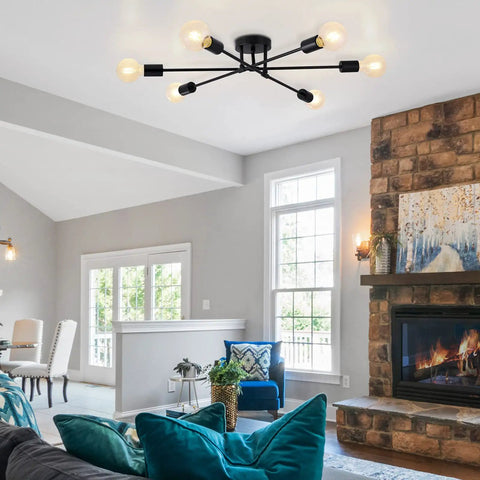 Dope Six Light Sputnik Black Chandelier Semi Flush Mount Ceiling Light With E26 Base LED Compatible in living room