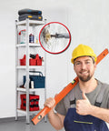 Worker beside Beefy Heavy Duty Metal Shelving Unit 40x40x180 cm with five adjustable shelves in a workshop setting.