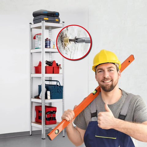 Worker beside Beefy Heavy Duty Metal Shelving Unit 40x40x180 cm with five adjustable shelves in a workshop setting.