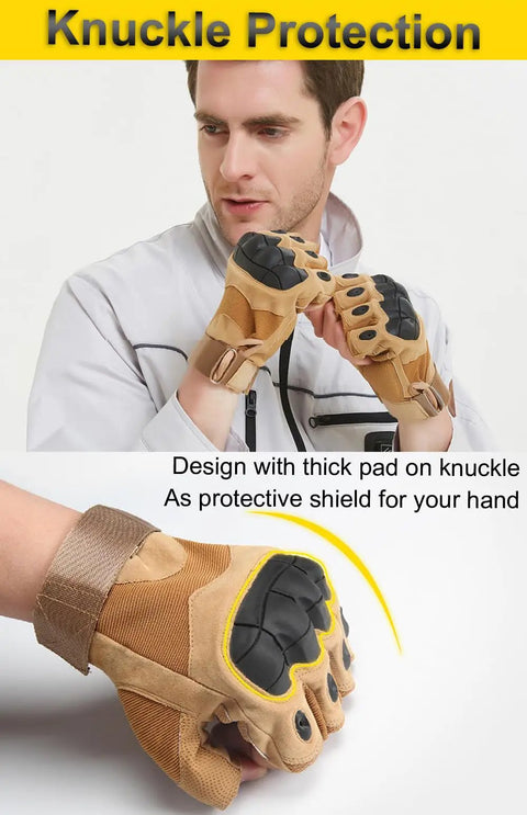 Man wearing Rugged Tactical Fingerless Gloves For Men With Hard Knuckles And Reinforced Palm Built For Maximum Tactility And Durability