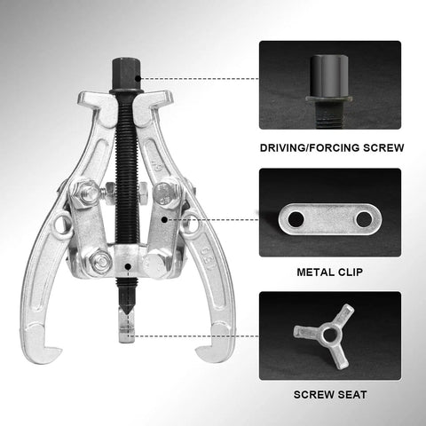 Three-Jaw Gear Puller Kit With 3 4 6 Inch Draws Reversible Jaws Carbon Steel Construction detailed parts view