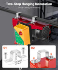 Two-step installation of 880lbs Electric Hoist With Wireless Remote Control, 110V Overhead Hoist shown in a garage setup.