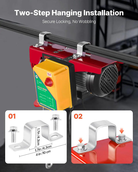 Two-step installation of 880lbs Electric Hoist With Wireless Remote Control, 110V Overhead Hoist shown in a garage setup.