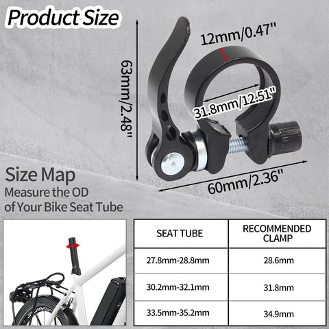 31.8mm Aluminum Bicycle Seat Post Clamp Quick Release Collar Type 1 Hollow Ergonomic Design shown with size guide