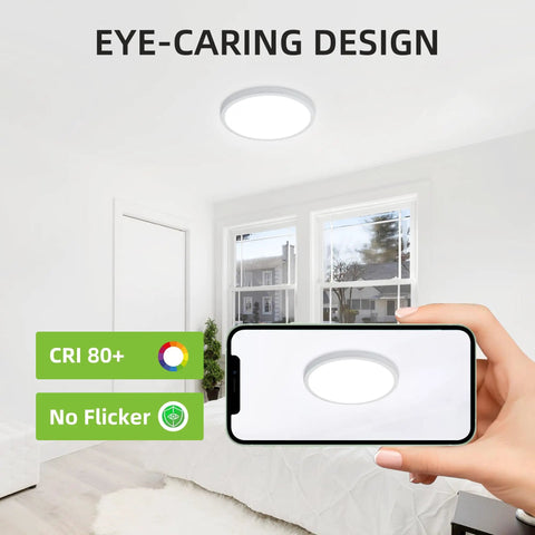 Room with white ceiling featuring 12 Inch LED Round Flat Panel Light With 3 CCTs 3000K 4000K 5000K 24W Edge Lit Flush Mount Fixture