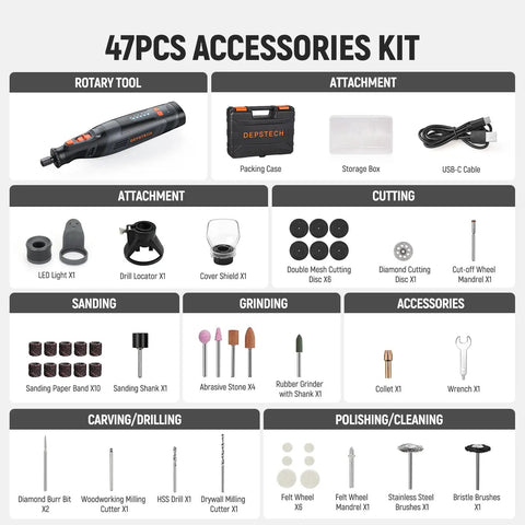 47 piece accessory set for Cordless Rotary Tool Kit With 8V 2.5Ah Battery 5 Speeds Up To 30000 RPM LED Work Light