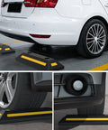 2 Pack Rubber Parking Blocks With Reflective Stripes Heavy Duty Garage Wheel Stoppers installed behind car tires