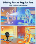 Comparison of portable misting stroller fan vs regular fan showing temperature difference and cooling effect