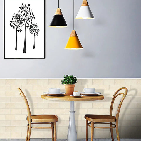 Dining area with thick peel and stick backsplash tiles in beige marble look for kitchen and bath, self adhesive vinyl wall tiles.