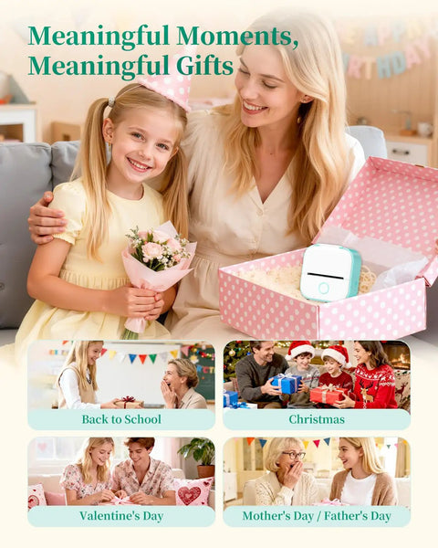 Mother and daughter smile while holding a Compact T02 Mini Sticker Printer gift box in a home setting, emphasizing gift occasions.