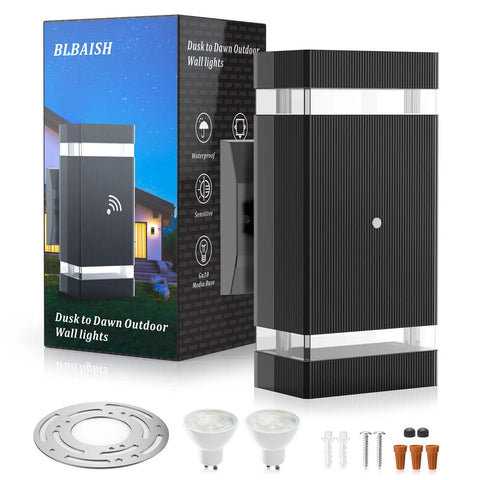 Dusk To Dawn Outdoor Wall Light With 5W LED Bulbs, IP65 Waterproof Aluminum Up And Down Fixture shown with packaging and components