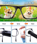Glasses cleaning kit with spray bottle, cleaning brush, and microfiber cloth; black portable eyeglass cleaner for travel
