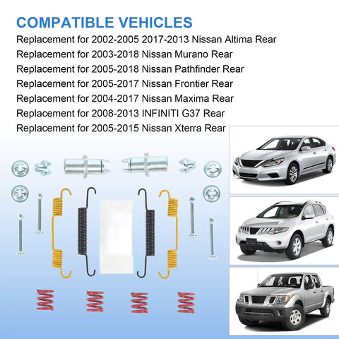 Rear Parking Brake Hardware Kit Replacement For Altima Murano Pathfinder Frontier Maxima vehicles with brake parts displayed