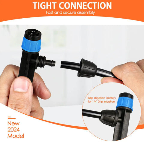 Hands connecting 55 Piece Drip Emitter Stakes Kit With 360 Degree Adjustable Flow Fan Sprayer For One Quarter Inch Irrigation Tubing