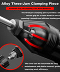 Close-up of alloy three-jaw clamping piece on Cordless Rivet Gun For 18V Batteries Brushless Blind Riveter Kit Electric Riveter Tool For One Eighth Inch Five Thirty Second Inch And Three Sixteenth Inch Rivets Tool Only No Battery One Button Forward Reverse Workhorse, showing secure grip for efficient riveting.