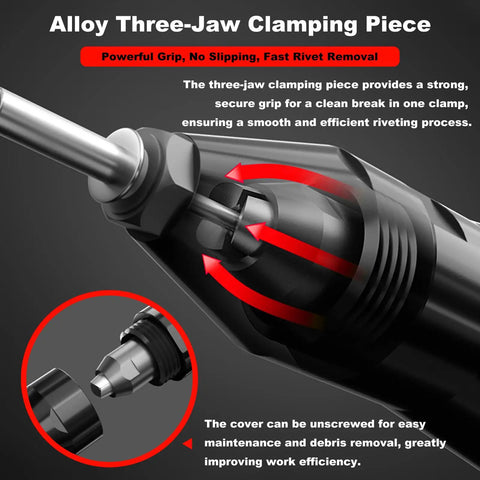 Close-up of alloy three-jaw clamping piece on Cordless Rivet Gun For 18V Batteries Brushless Blind Riveter Kit Electric Riveter Tool For One Eighth Inch Five Thirty Second Inch And Three Sixteenth Inch Rivets Tool Only No Battery One Button Forward Reverse Workhorse, showing secure grip for efficient riveting.