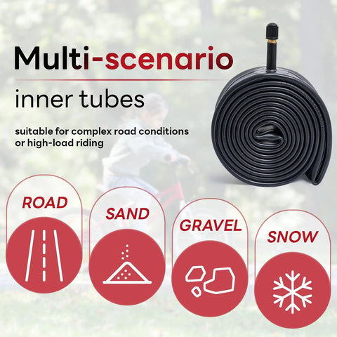 Heavy Duty Bike Inner Tube 16x1.75 To 2.25 Inch With AV32mm Schrader Valve displayed with multi-scenario use icons.