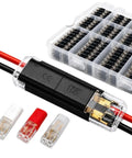 Beefy Heavy Duty No Strip Wire Splice Connectors 2 Pin with transparent casing and red, white connectors for auto electrical repair.