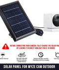 Black solar panel for Wyze Cam Outdoor with 360° mount and cable, shown with instructions and a camera. Solar Panel For Wyze Cam Outdoor And Wyze Cam Outdoor V2 With 2W 5V Charging 2 Pack Black Keeps Your Surveillance Powered So You Never Miss A Moment Wyze Cam Outdoor Not Included.