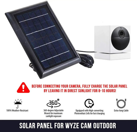 Black solar panel for Wyze Cam Outdoor with 360° mount and cable, shown with instructions and a camera. Solar Panel For Wyze Cam Outdoor And Wyze Cam Outdoor V2 With 2W 5V Charging 2 Pack Black Keeps Your Surveillance Powered So You Never Miss A Moment Wyze Cam Outdoor Not Included.