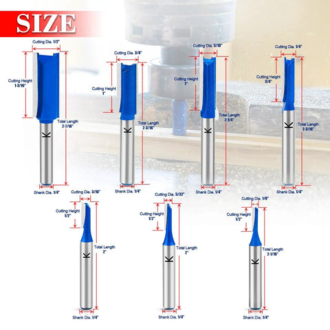 Top Shelf 7 Piece Straight Cut Router Bit Set 1/4 Inch Shank For No Sweat Routing Sweet Grooves Dados And Precision Woodworking Tasks Built Tough For Daily Shop Grind size guide with dimensions and cutting details