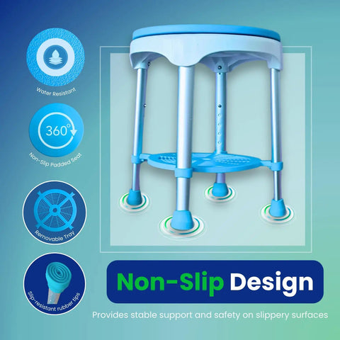 Compact Shower Stool With 360 Degree Rotating Padded Seat Non Slip Bath Bench Blue features sturdy non-slip feet for stability.