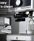 Sleek Stainless Steel Espresso Machine With Built In Grinder And Silky Milk Frother For Fresh Ground Magic And Zero Fuss Brewing Featuring 20 Bar Pressure And Large Reservoir Tank showing removable water tank and drip tray.