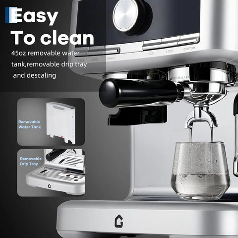 Sleek Stainless Steel Espresso Machine With Built In Grinder And Silky Milk Frother For Fresh Ground Magic And Zero Fuss Brewing Featuring 20 Bar Pressure And Large Reservoir Tank showing removable water tank and drip tray.